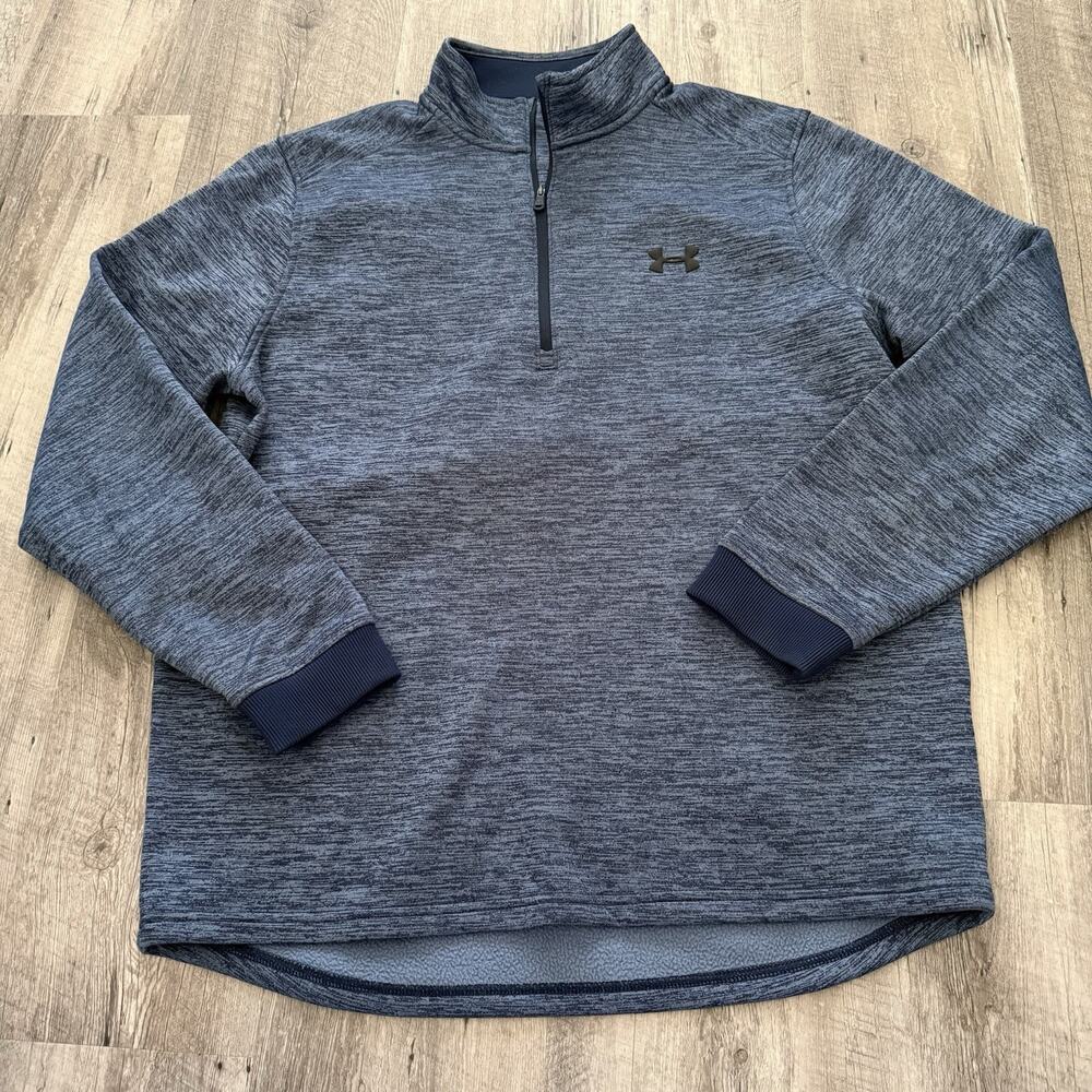 Under Armour Loose Fit 1/4 Zip Pullover Mens Large Blue Striped Fleece Coldgear